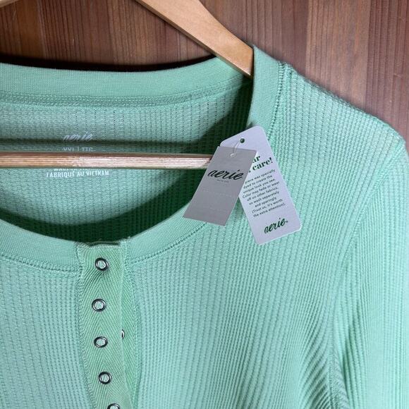 NWT Aerie Lime Green Long Sleeve Waffle Texture Henley Top Women's XXL Pastel - Picture 6 of 7